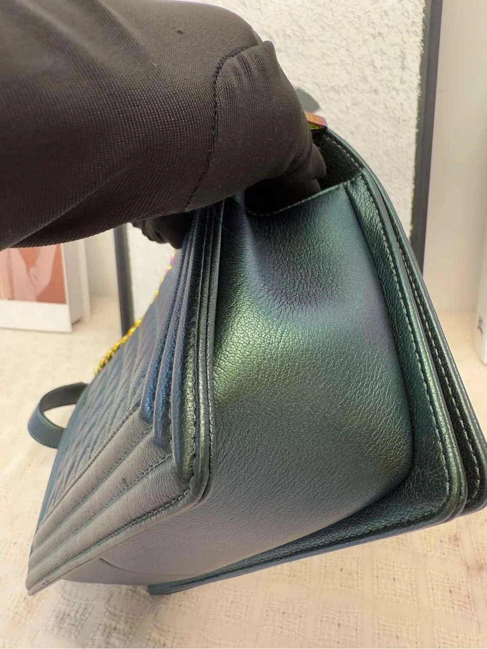 CHANEL LeBoy Iridescent Green Quilted Goatskin Flap Bag with Multicolor Hardware